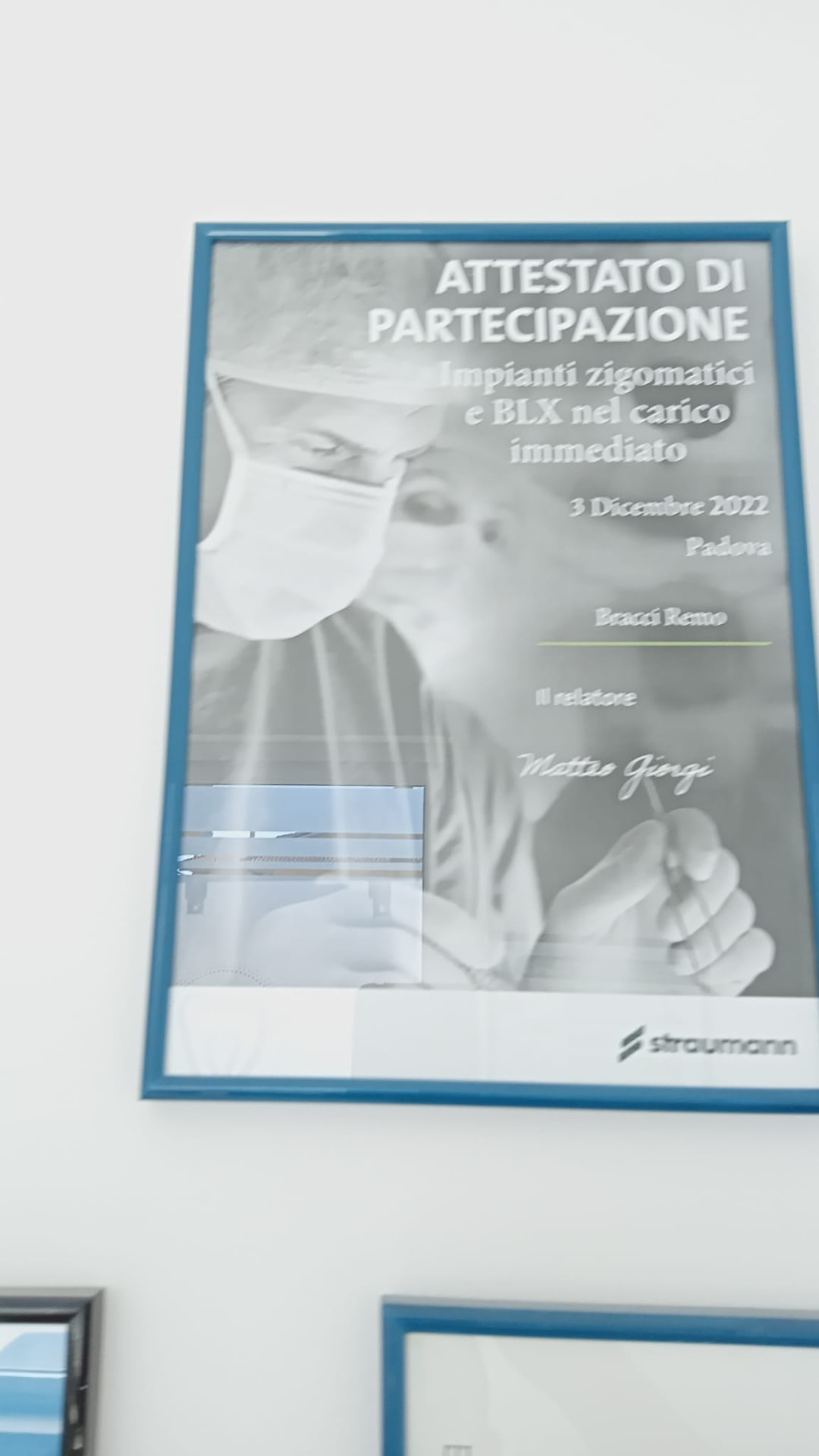 Attestato del Dott. Remo Bracci per il corso su impianti zigomatici e BLX nel carico immediato, Padova 2022