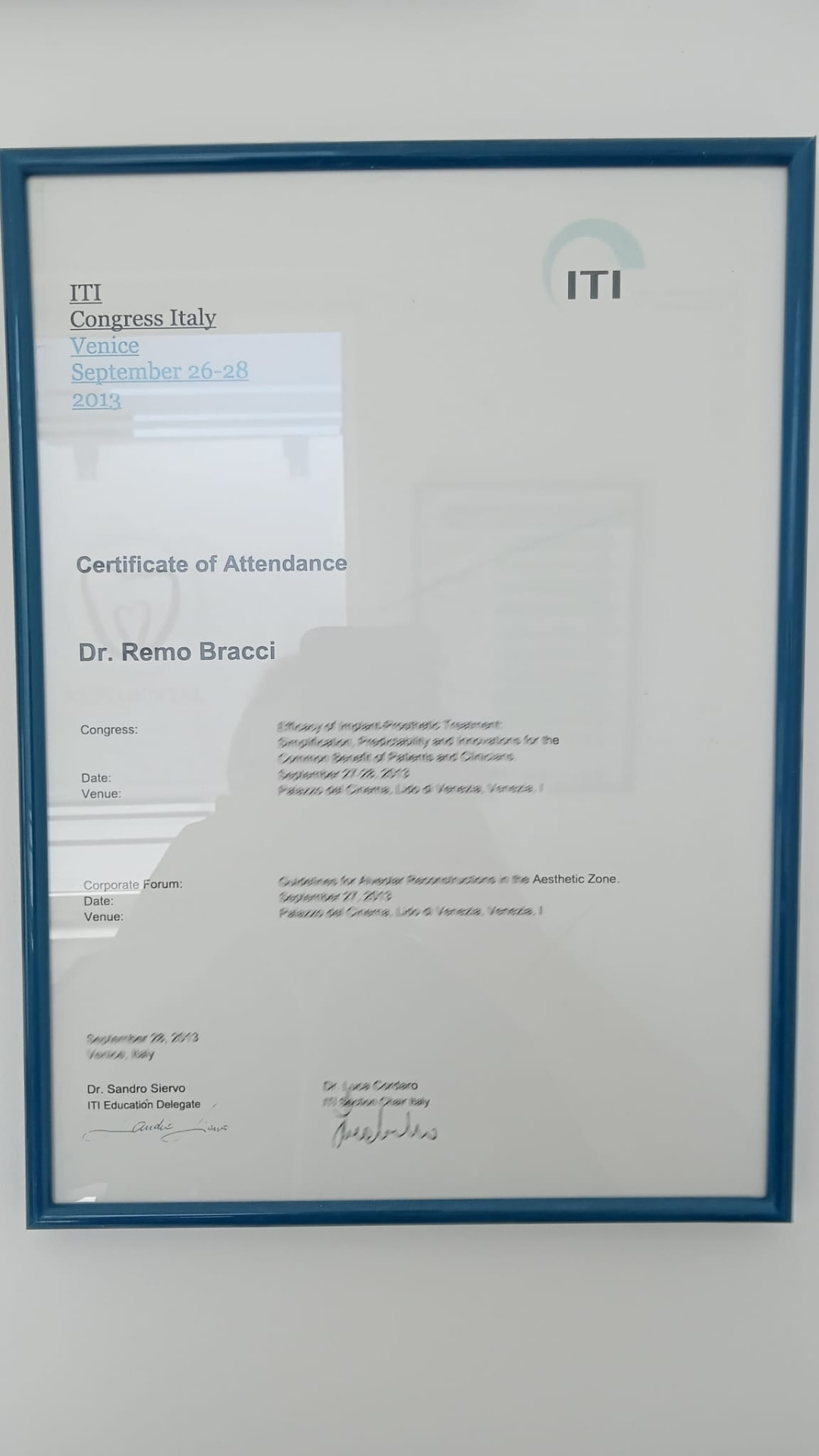 Attestato del Dott. Remo Bracci all’ITI Congress Italy, Venezia 2013