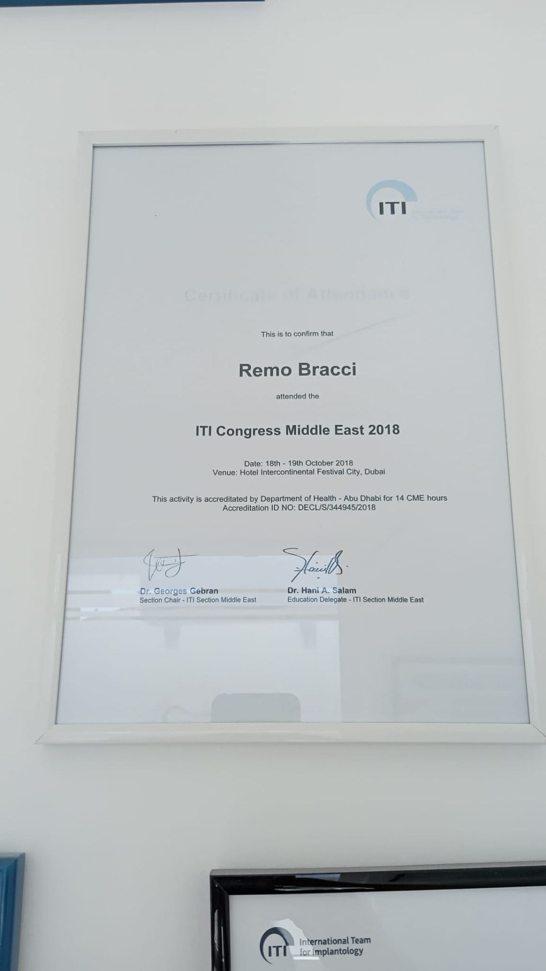 Attestato di partecipazione del Dott. Remo Bracci all’ITI Congress Middle East 2018, Dubai