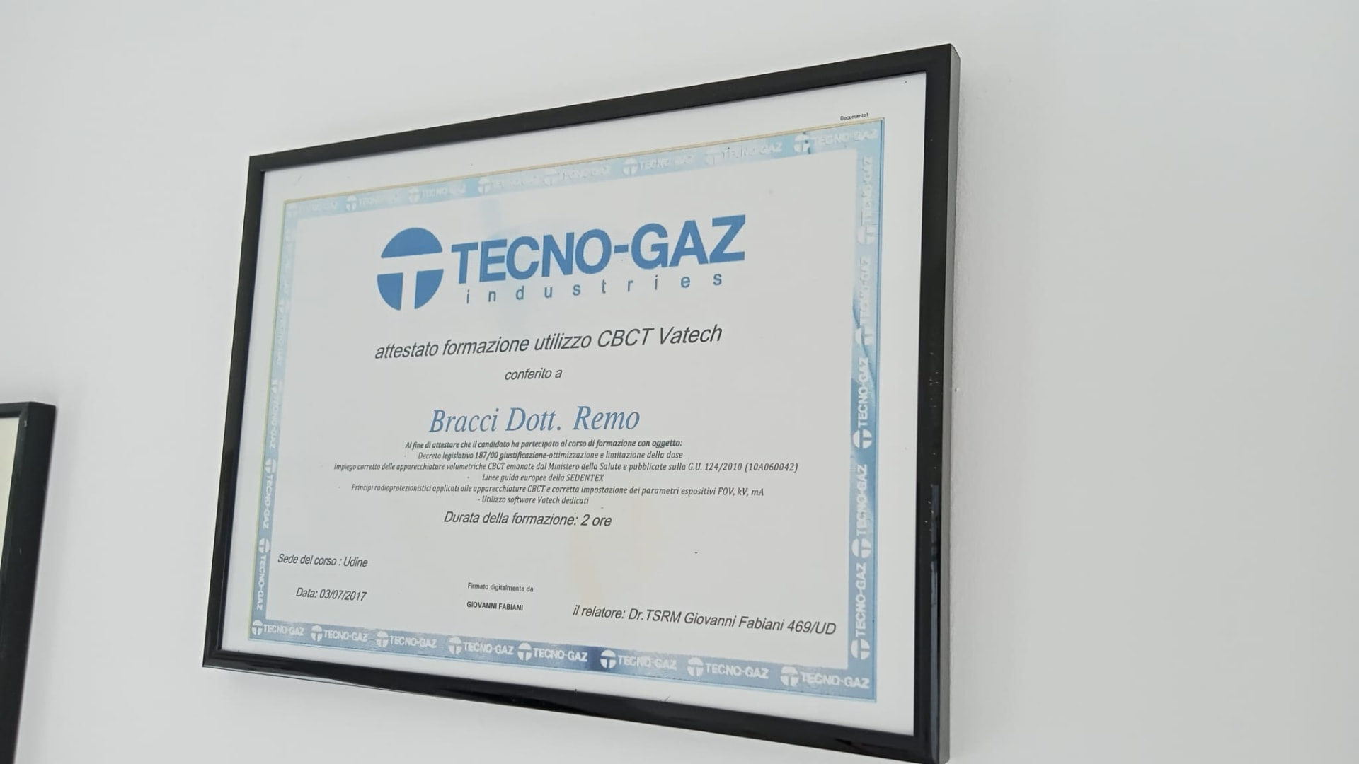 Attestato di formazione del Dott. Remo Bracci sull’utilizzo della CBCT Vatech, Tecno-Gaz, Udine 2017