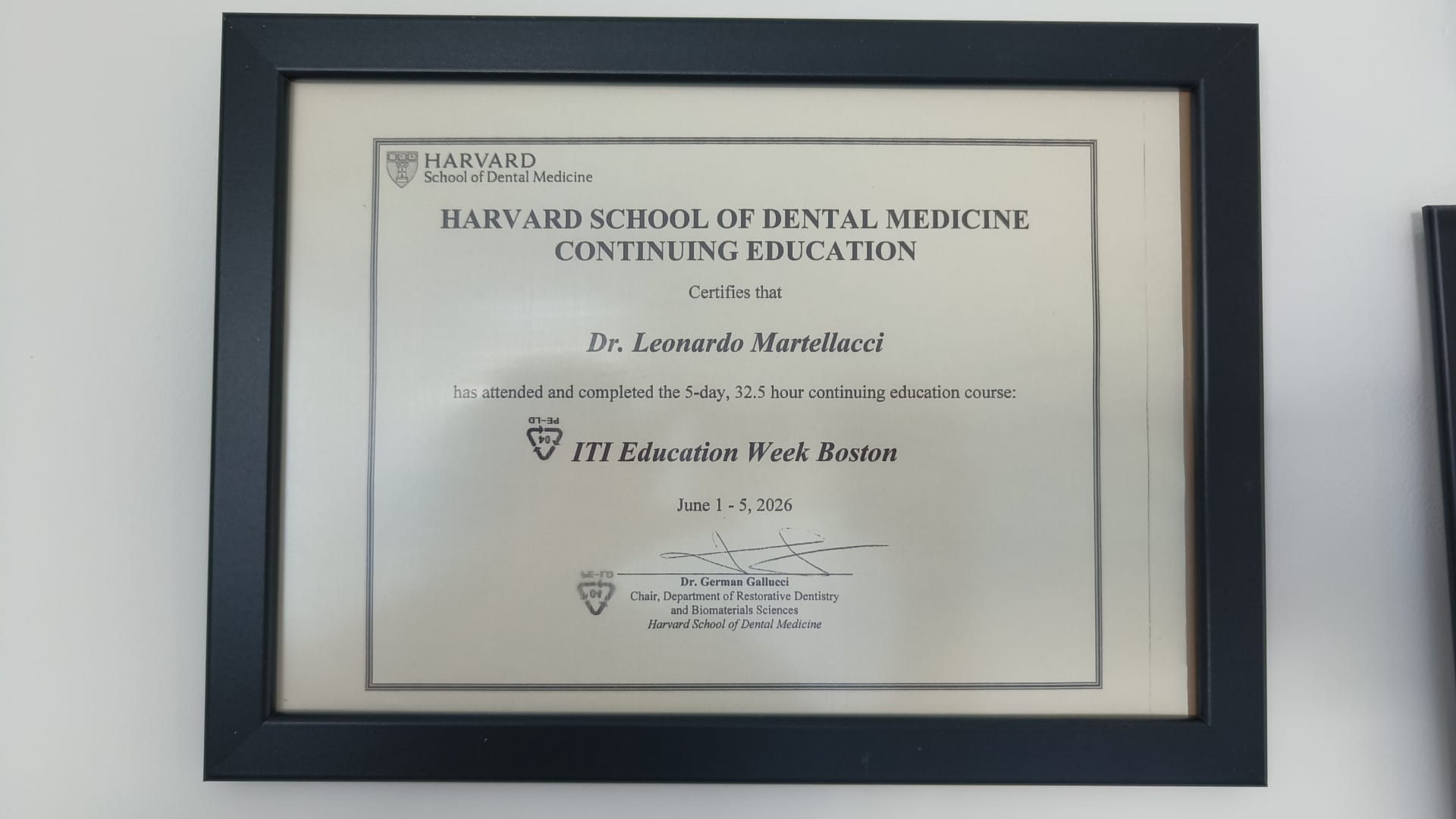 Attestato del Dott. Leonardo Martellacci per l’ITI Education Week Boston 2026, Harvard School of Dental Medicine