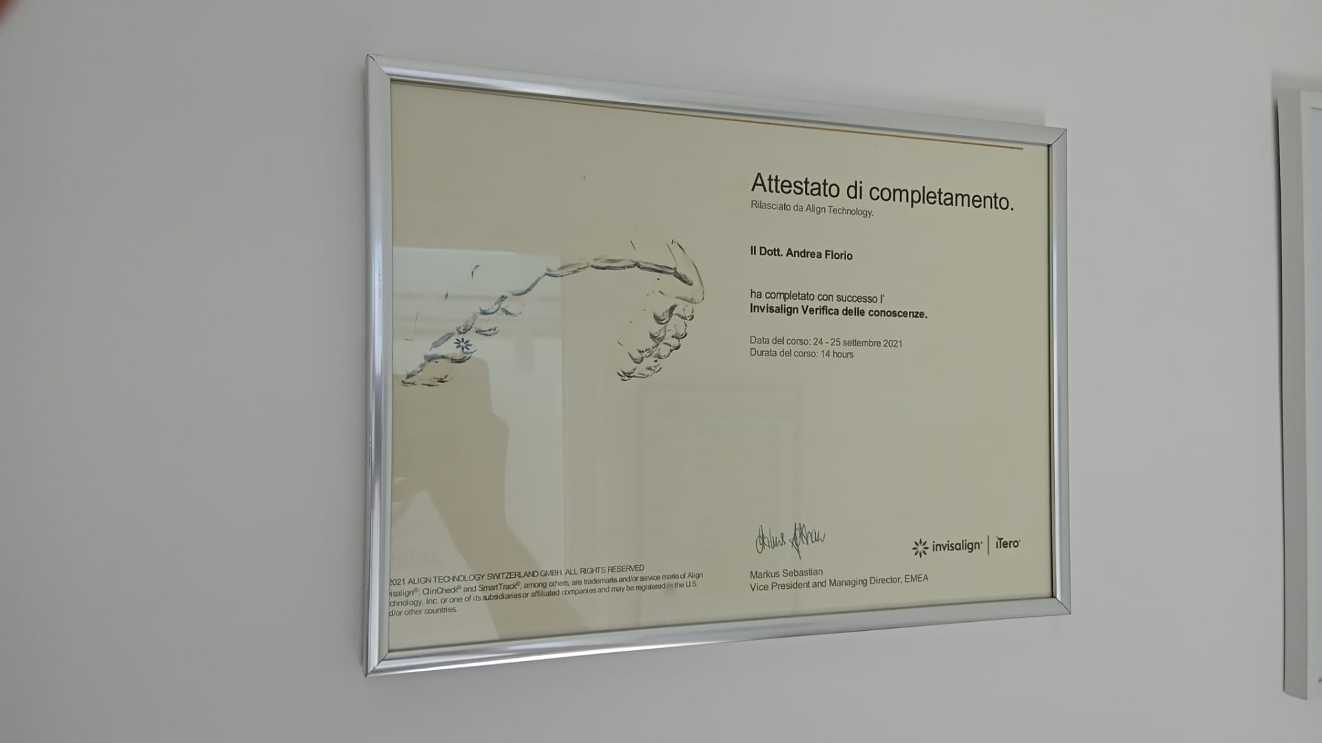 Attestato di completamento Invisalign Verifica delle conoscenze del Dott. Andrea Florio, settembre 2021