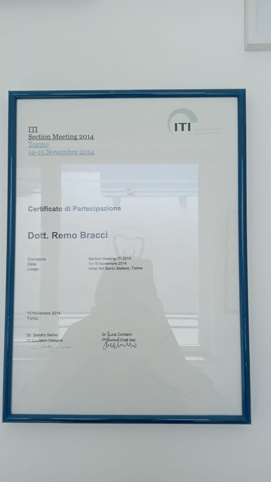 Attestato del Dott. Remo Bracci all’ITI Section Meeting, Torino 2014