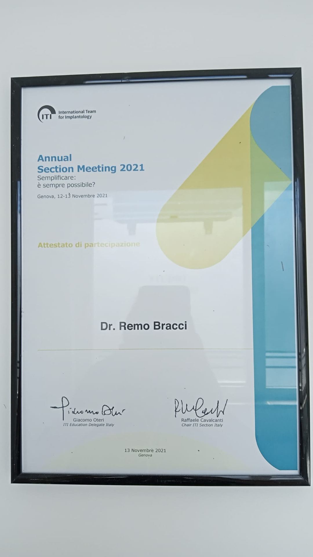 Attestato del Dott. Remo Bracci all’ITI Annual Section Meeting, Genova 2021