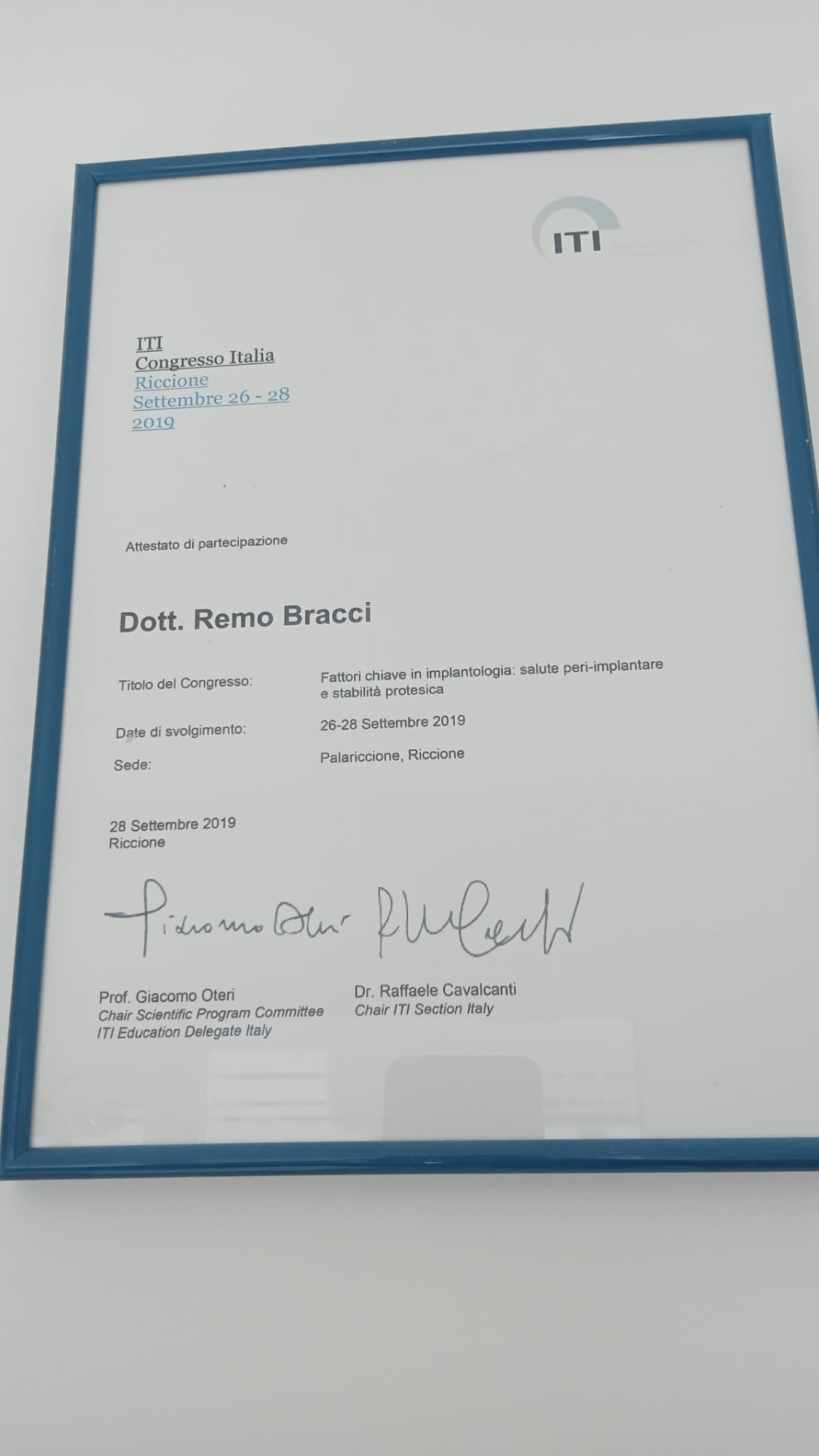 Attestato di partecipazione del Dott. Remo Bracci all’ITI Congresso Italia, Riccione 2019