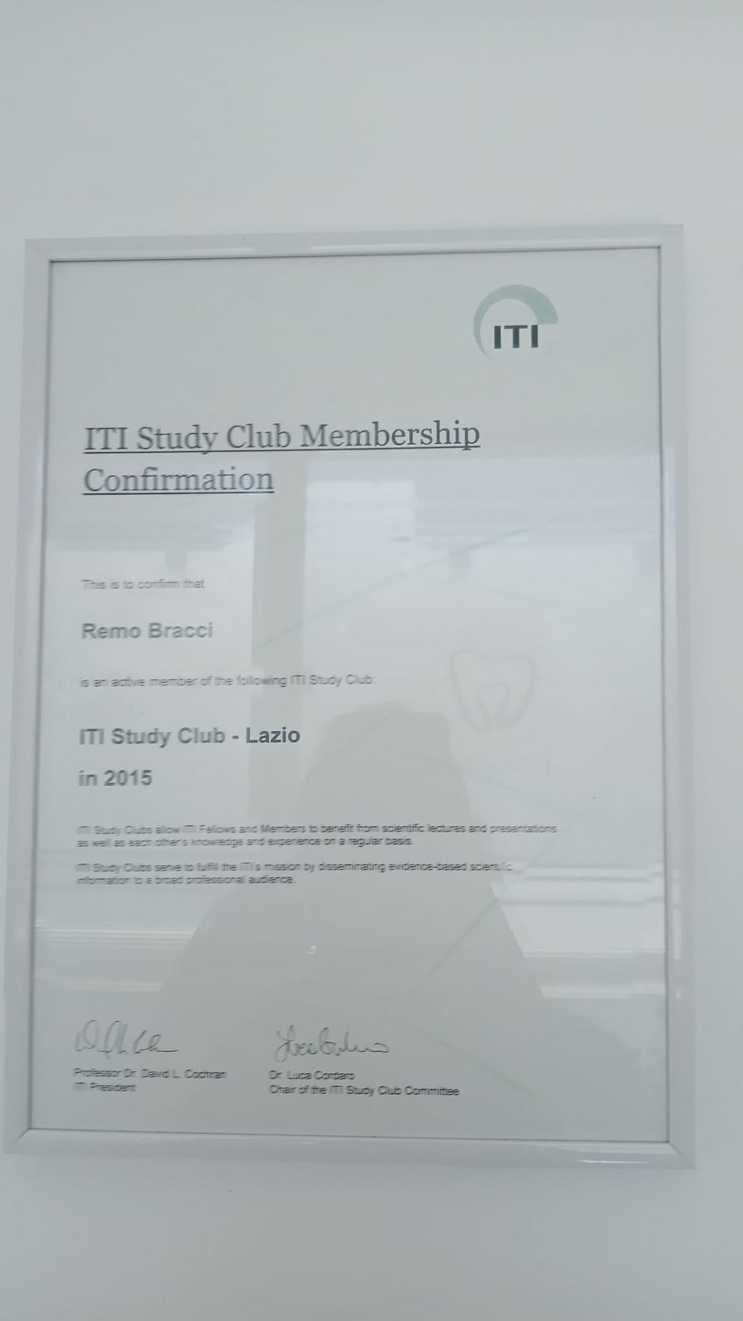 Conferma di adesione del Dott. Remo Bracci all’ITI Study Club Lazio nel 2015